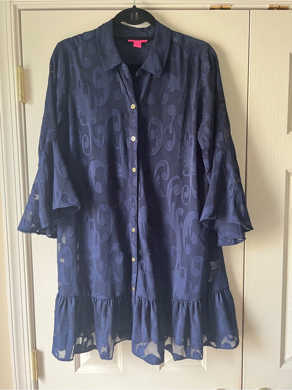 Lilly Pulitzer Navy Textured Swirl Button-Front Ruffle Hem Coverup